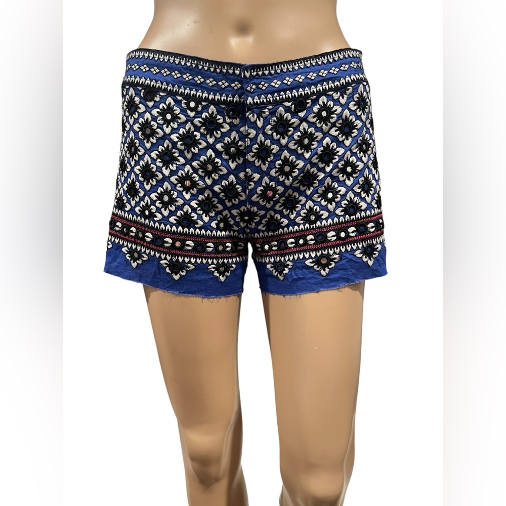 FREE PEOPLE Shorts Womens Ipanema Blue Embroidered Mirrored Size 8